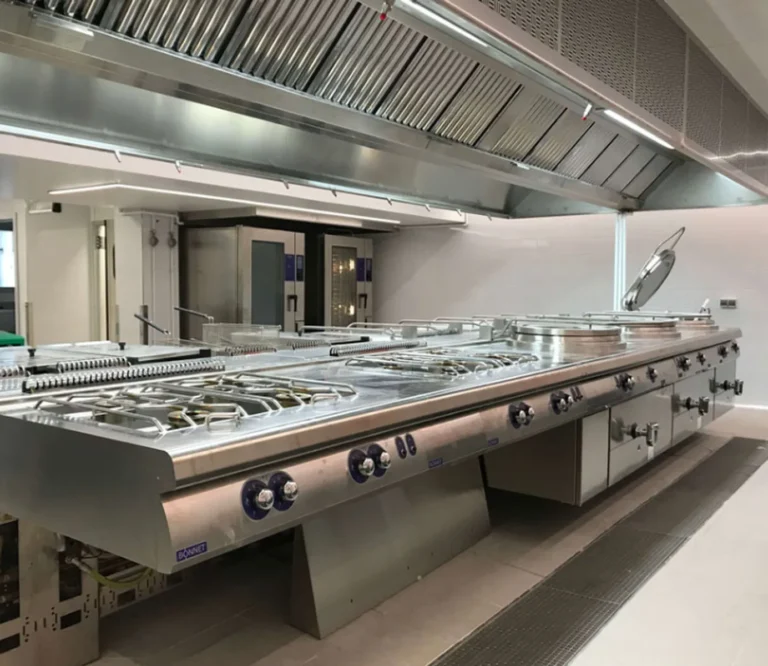 Cocina industrial con línea de cocción y campana de extracción de acero inoxidable