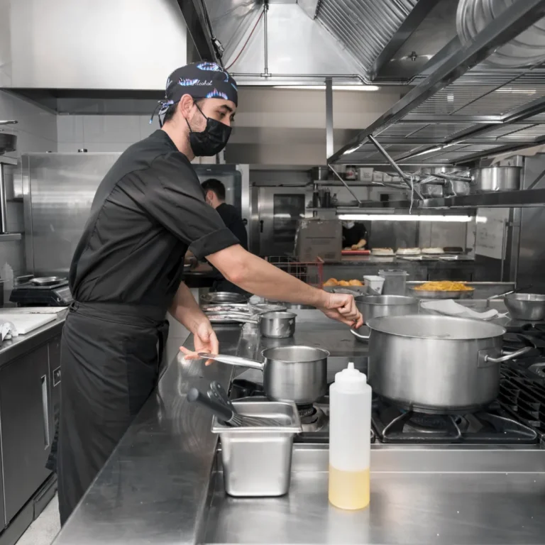 Cocinero trabajando bajo la campana de extracción de una cocina profesional