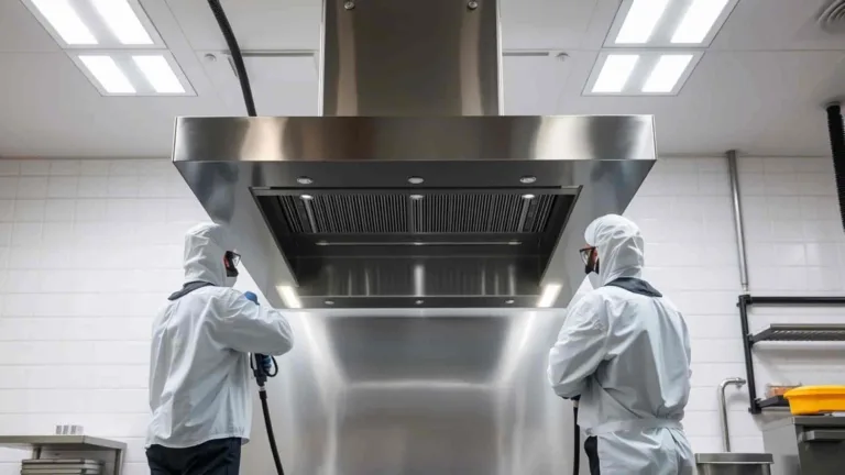 Dos técnicos con traje de protección limpiando una campana de cocina industrial