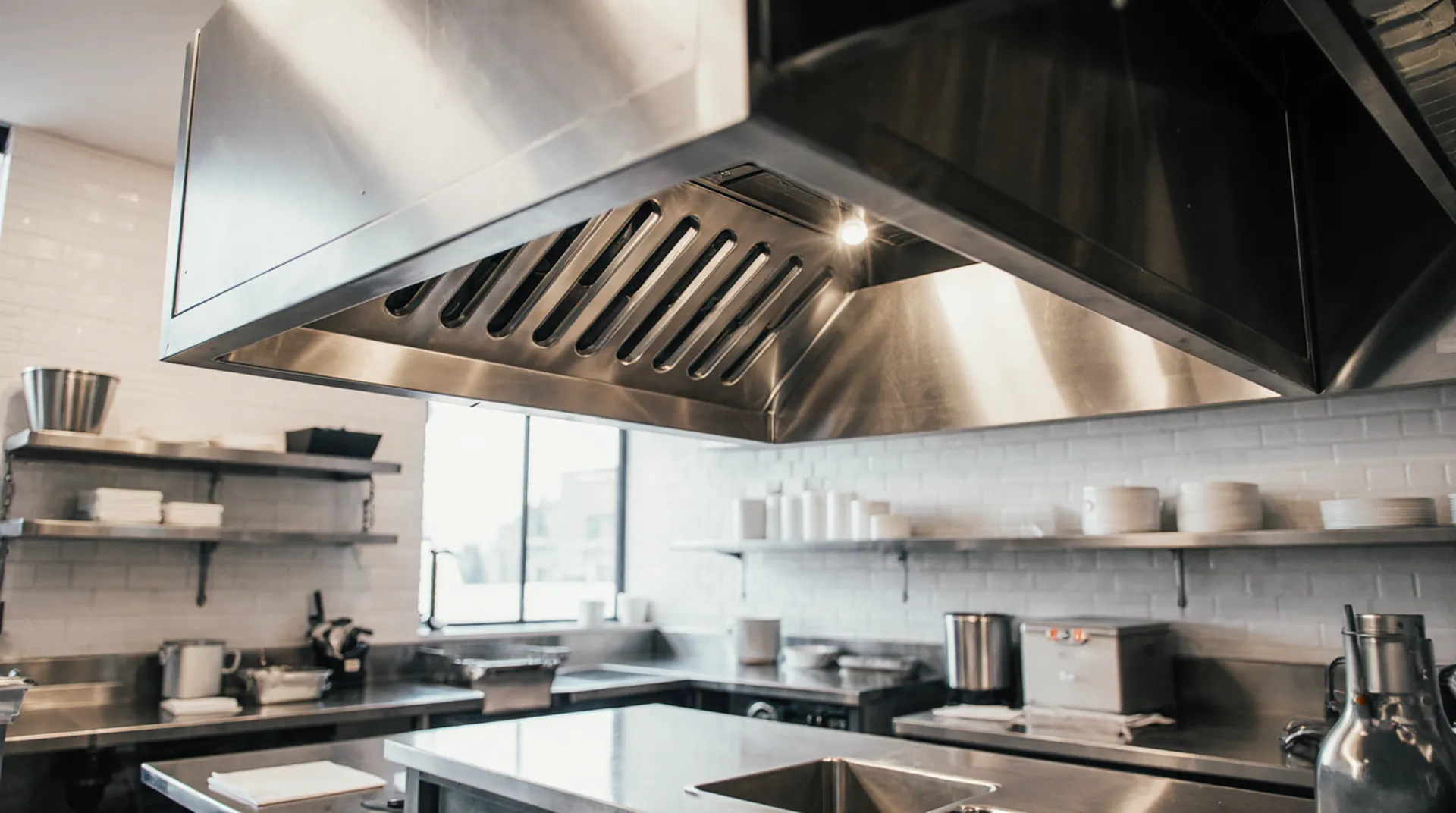 Cocina industrial con campana de extracción de acero inoxidable