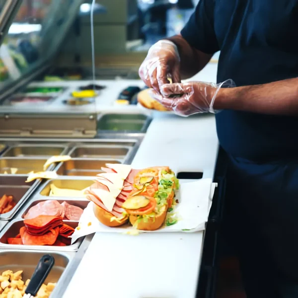 Cocinero preparando alimentos en una línea de montaje de cocina profesional