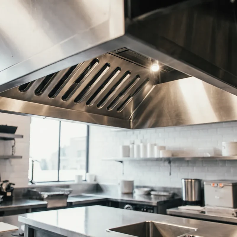 Cocina industrial con campana de extracción de acero inoxidable